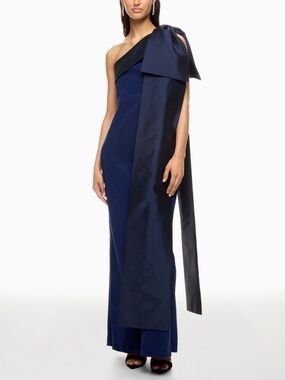 Bernadette Adrian One Shoulder Gown Maxi Dress Navy Blue Bow - Size 38 = US 6